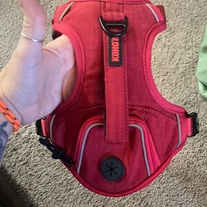 Red kong harness with poop bag storage